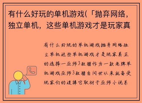有什么好玩的单机游戏(「抛弃网络，独立单机，这些单机游戏才是玩家真正的选择！」)